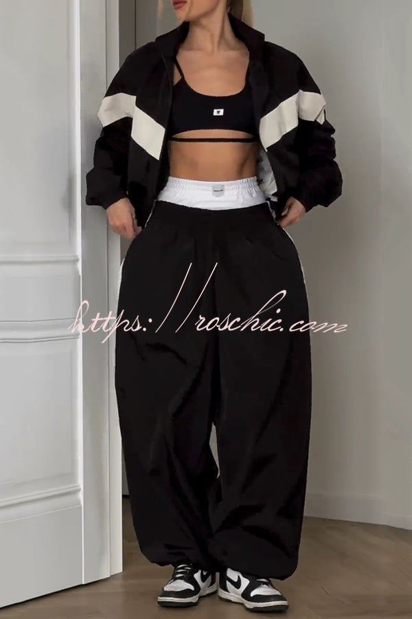 Fashionable Contrasting Long-sleeved Loose Coat and Elastic Waist Wide-leg Pants Set