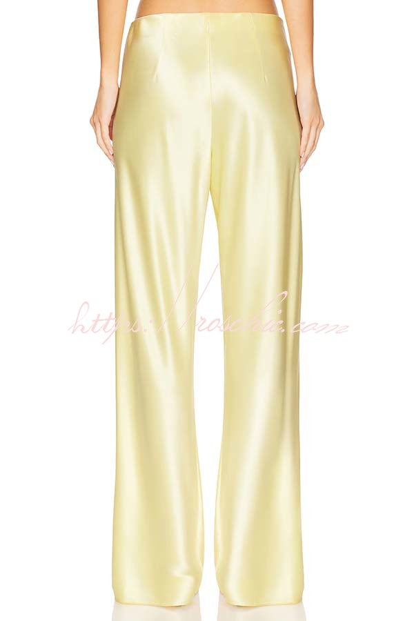 Odessa Satin Floral Lace Hem Strapless Tank and Mid Rise Wide Leg Pants Set