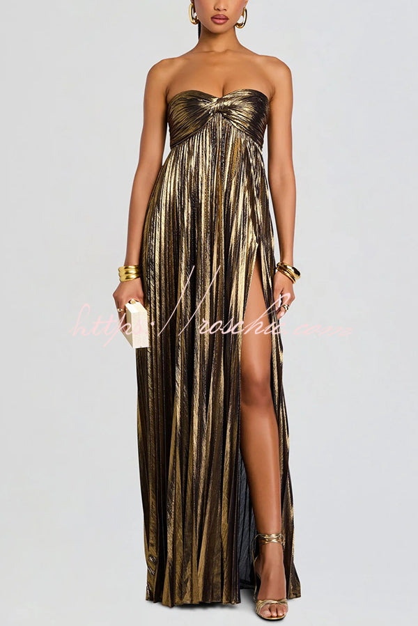 Metallic Sexy Tube Top Pleated High Slit Maxi Dress