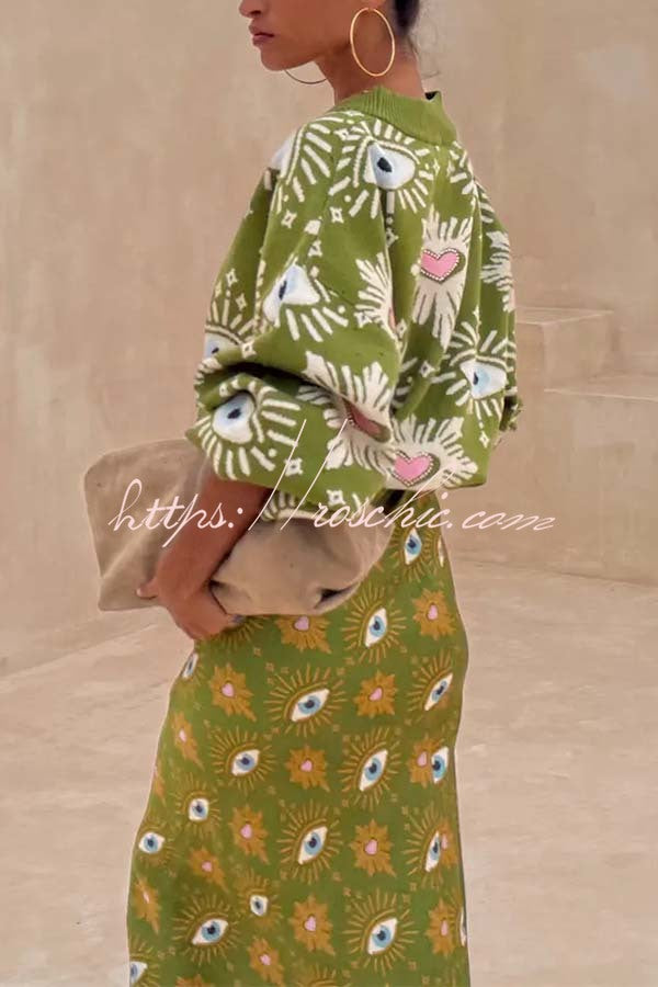 Mysterious Magic Satin Eye Heart Pattern Elastic Waist Drape Maxi Skirt