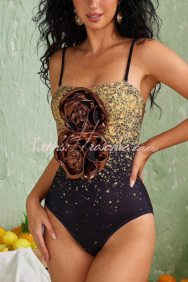 Ombre Sequin Print Metallic Fabric Flower Embellished Stretch One-piece Swimsuit