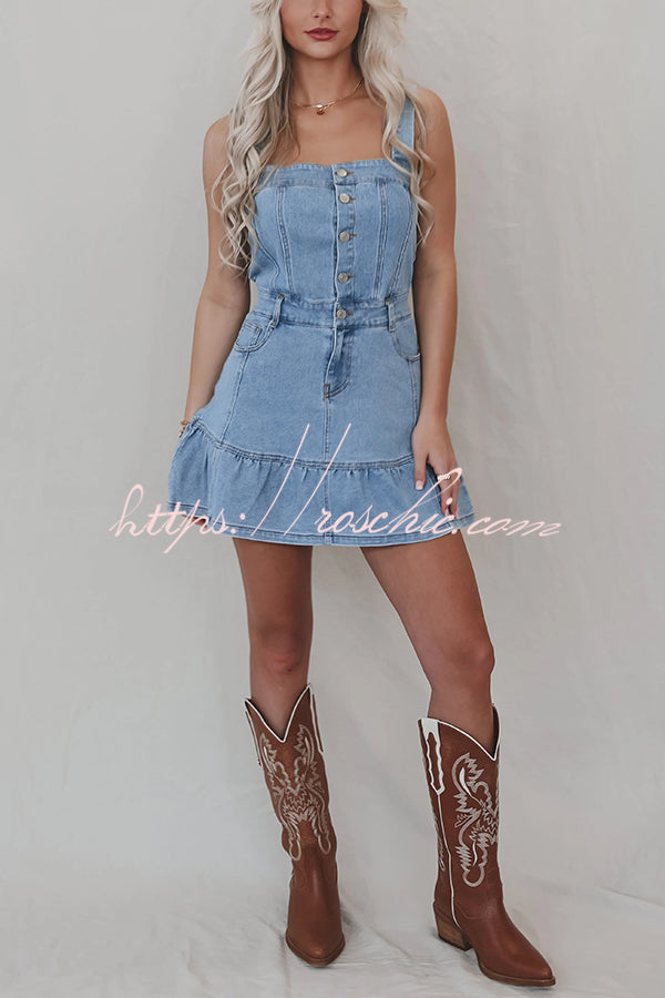 Solid Square Neck Suspender Button Pocket Denim Mini Dress