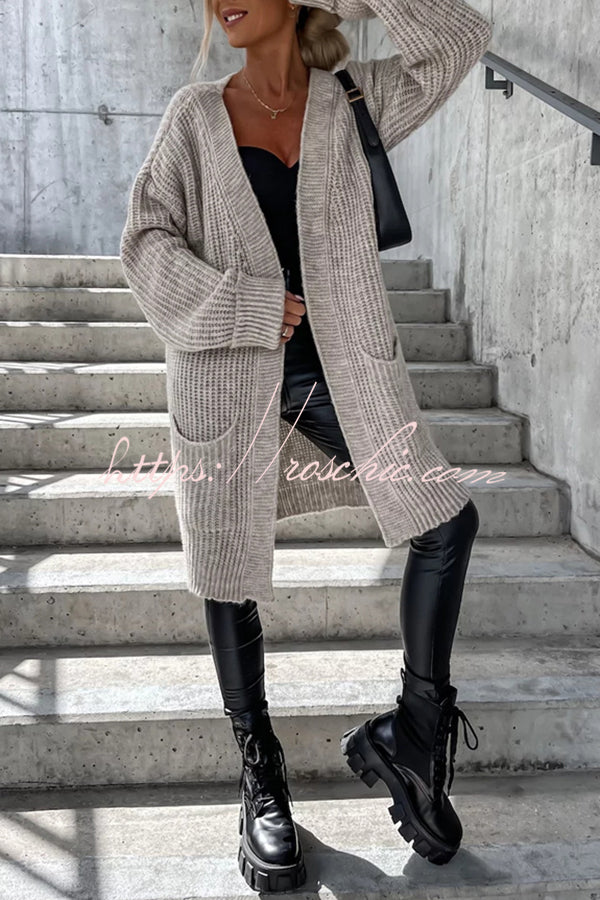 Solid Color Striped Pocket Long Sleeve Cardigan