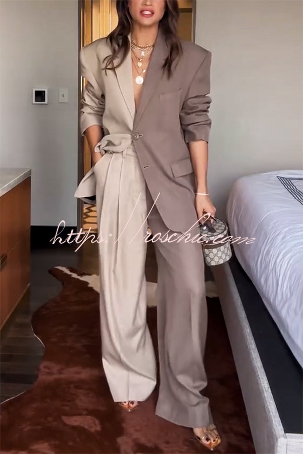 Girl Boss Avant-garde Contrast Colors Lapel Boyfriend Blazer and Pocketed Wide Leg Pants Set