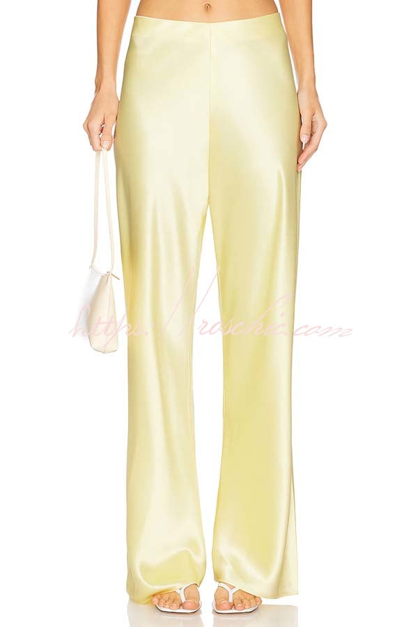 Odessa Satin Floral Lace Hem Strapless Tank and Mid Rise Wide Leg Pants Set