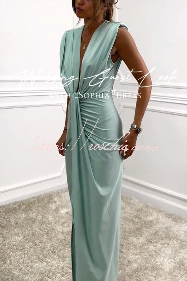 Classic and Sexy Dates V-neck Ruched Drape Slit Midi Dress