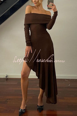 Temperament Off Shoulder Long Sleeve Irregular Hem Stretch Maxi Dress