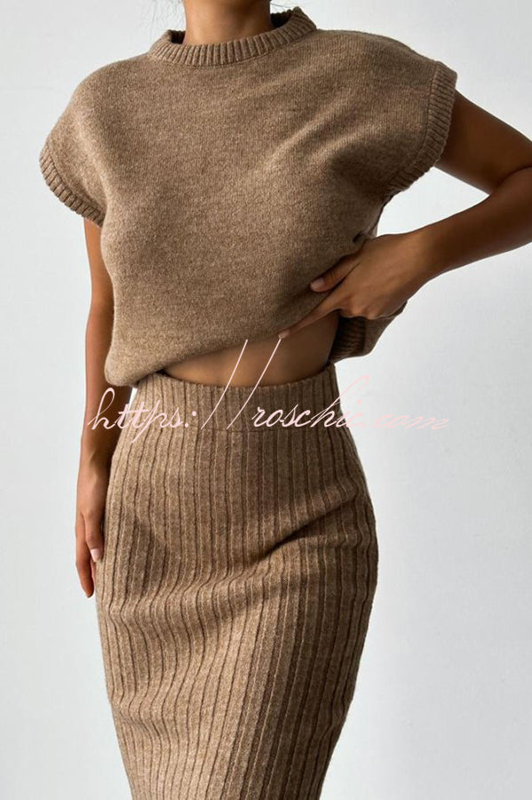 Triko Knit Short Sleeve Sweater and Stretch Ribbed Midi Skirt Set