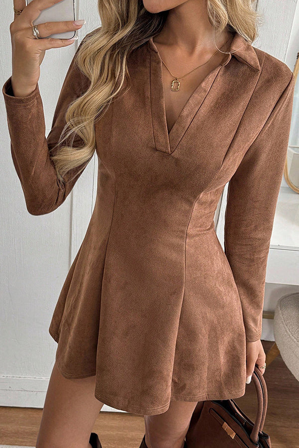 Stylish Suede Collared Long-sleeved Slim-fit Mini Dress
