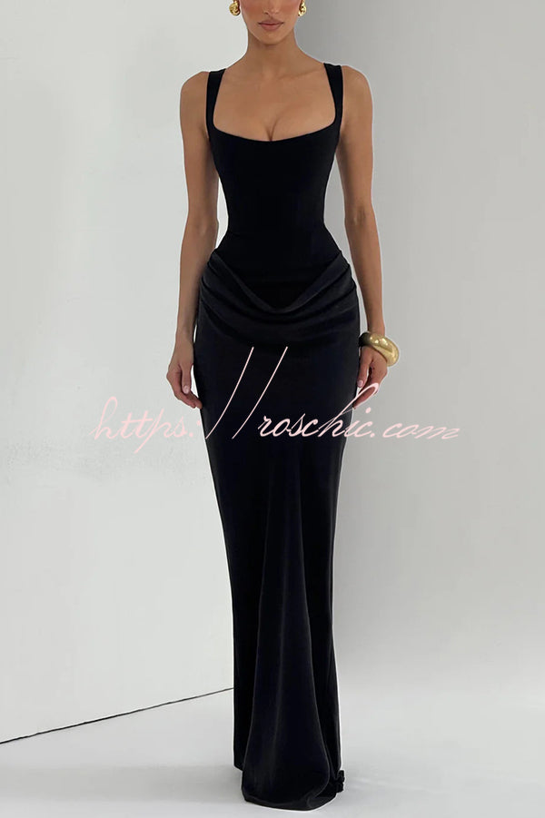 Larrah Square Neck Back Lace-up Satin Drape Hem Maxi Dress