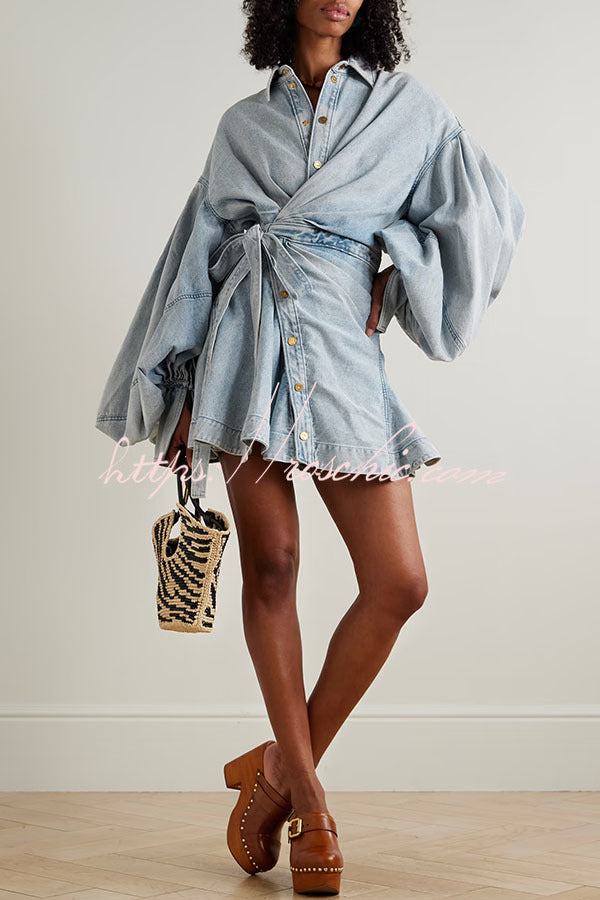 wrap shirt mini dress Yaron Denim Button Twisted Shape Wrap Long Balloon Sleeve Shirt Mini –  roschic