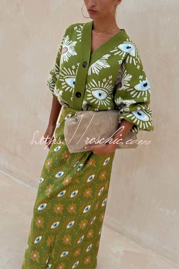 Mysterious Magic Knit Eye Heart Pattern Button Up Long Sleeve Loose Cardigan