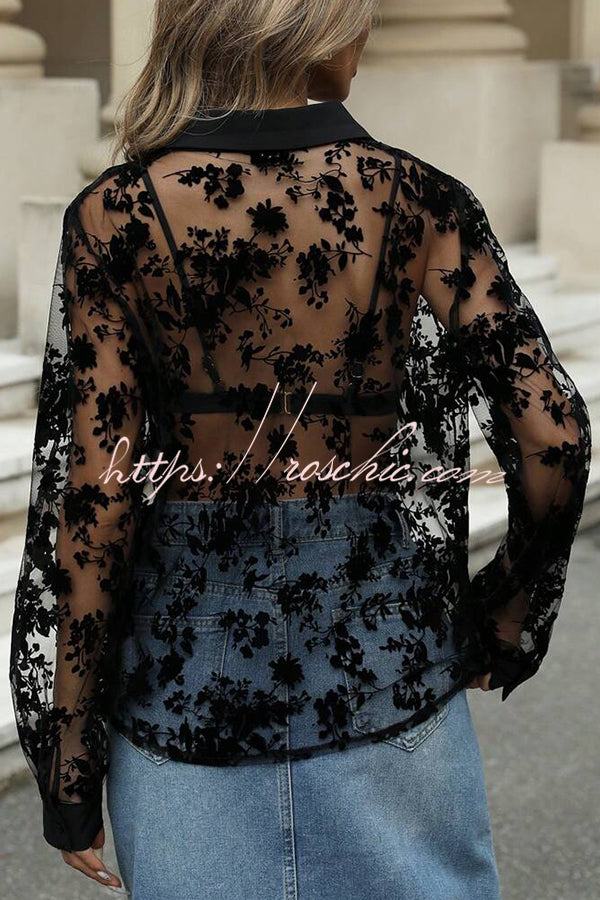 Fashion See-through Plant Lace Long Sleeve Loose Shirt