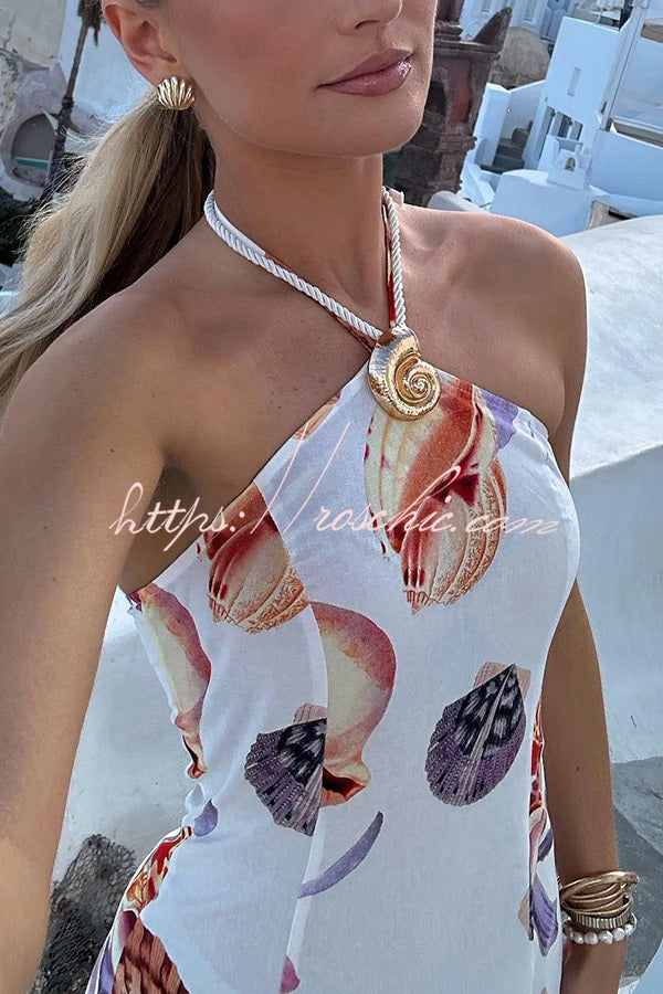 Seaside Bouquet Linen Blend Shells Unique Print Halter Mini Dress