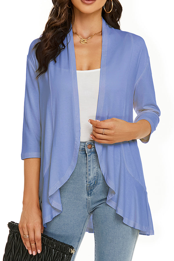 Solid Color Casual Three-quarter Sleeve Ruffled Loose Cardigan