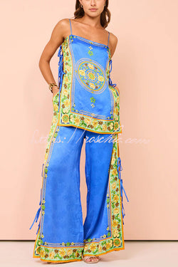 Nara Satin Unique Print Side Lace-up Tank and Elastic Waist Pocketed Wide Leg Pants Set