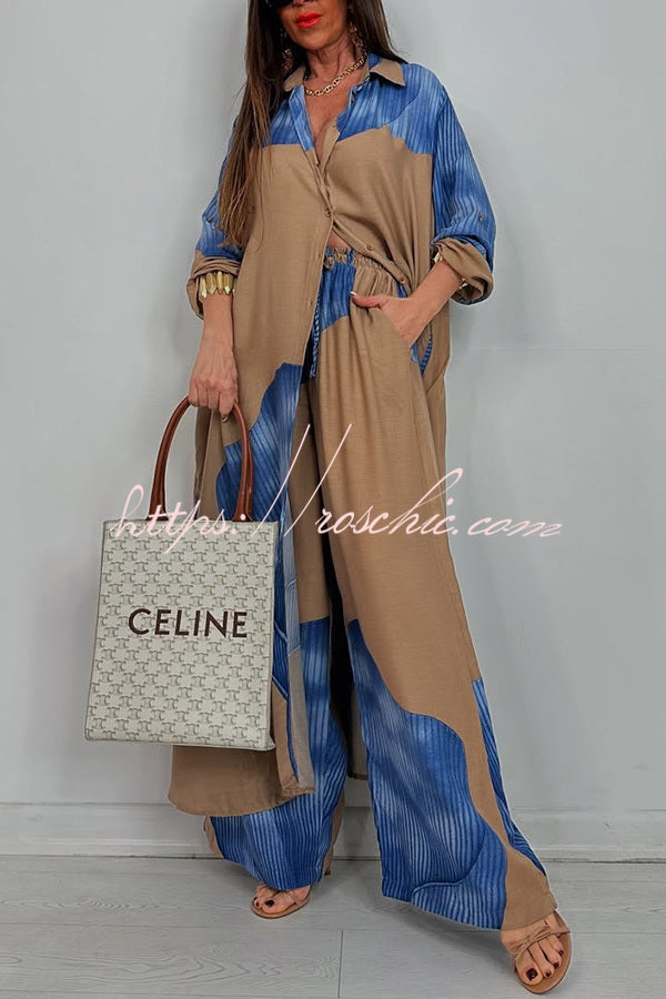 Unique Printed Casual Loose Long Shirt and Elastic Waist Pocket Wide Leg Pants Set
