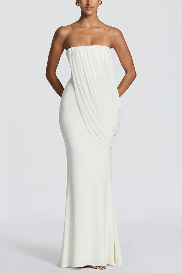 modal jersey maxi dress Vienna Ruched Asymmetric Draped Mesh Strapless 350