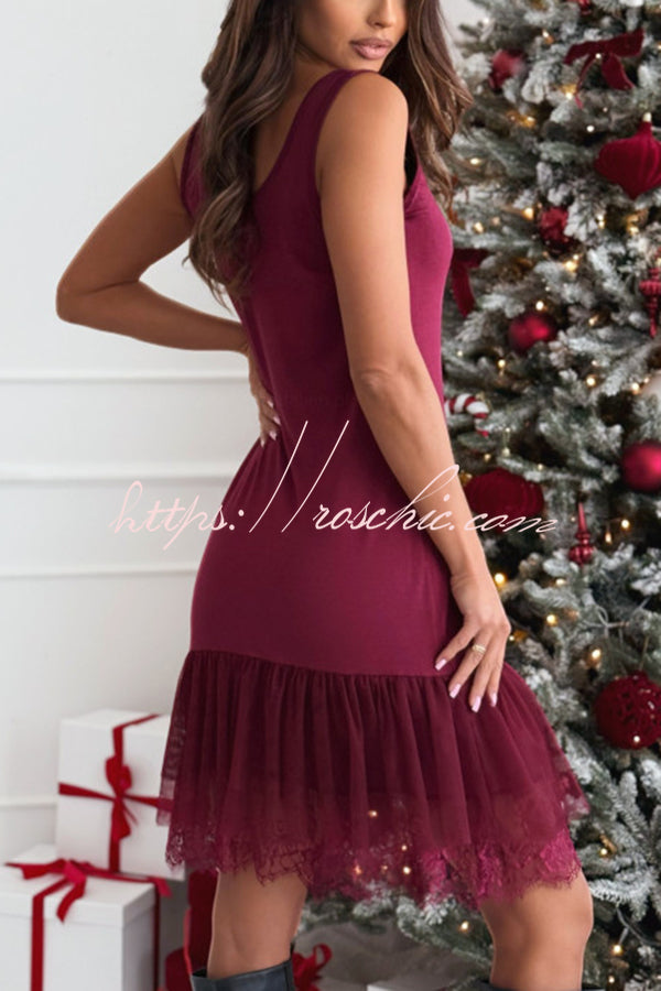 Breezy City Tulle Lace Tiered Hem Stretch Tank Mini Dress