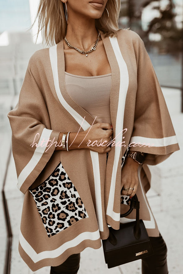 Warm and Comfortable Knit Colorblock Leopard Print Pocket Oversized Poncho Sweater