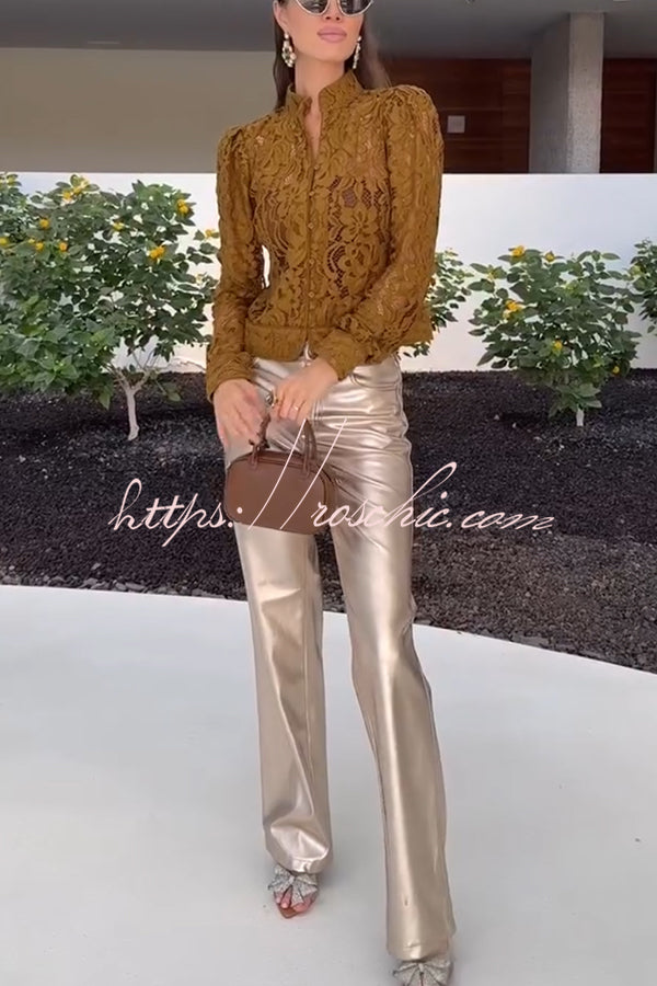 Palace Style Crochet Flower Lace Stand Neck Button Puff Sleeve Jacket