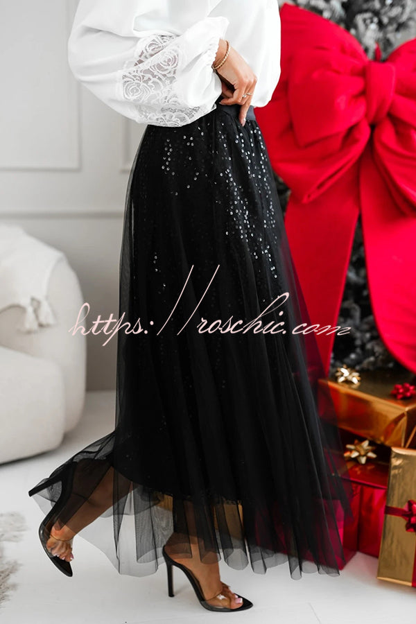 Party Daydream Sequin Tulle High Rise Elastic Waist Maxi Skirt