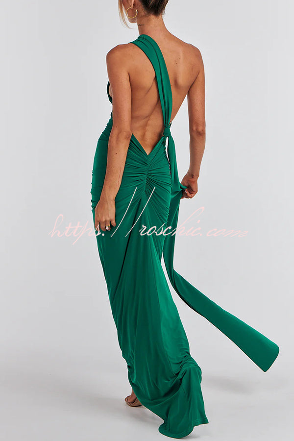 Sexy Backless Pleated Slim Solid Color Sleeveless Elegant Maxi Dress