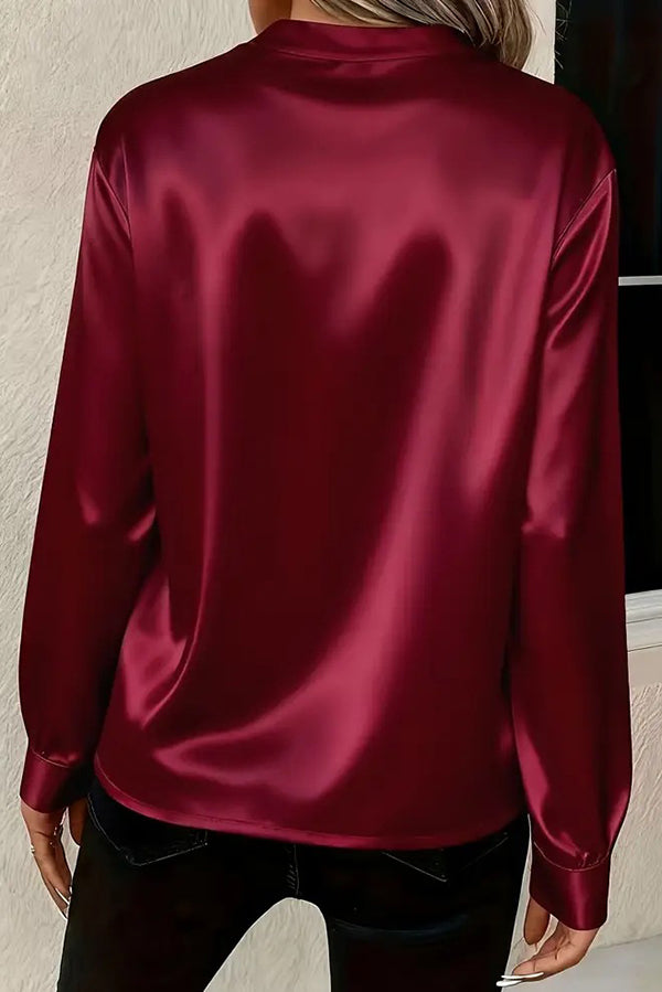 Solid Color Satin Loose V-neck Long-sleeved Casual Shirt