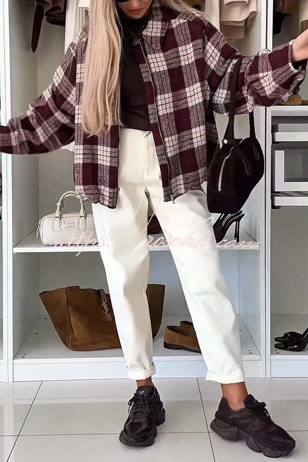 Fashion Plaid Print Lapel Long Sleeve Loose Zipper Jacket