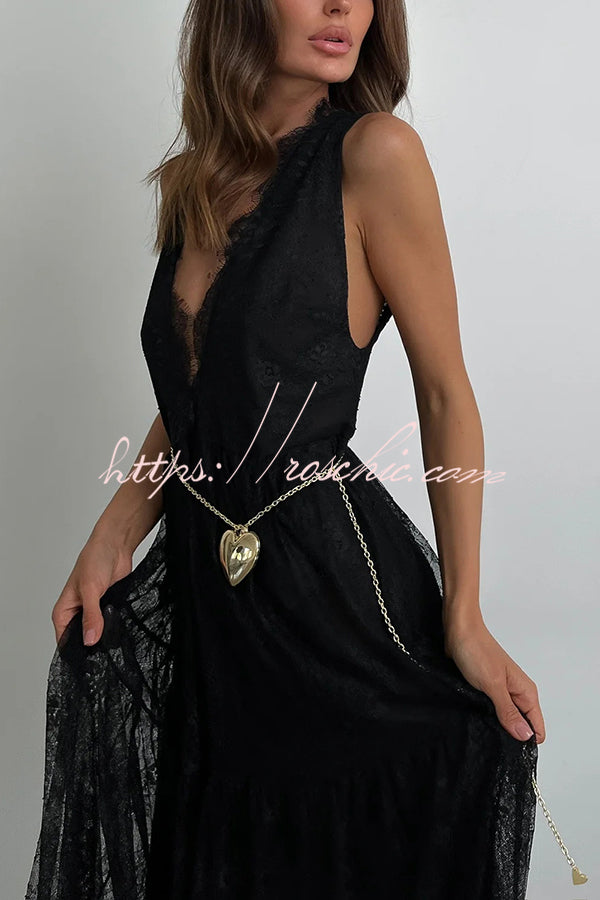 Fashionable Sheer Lace V-neck Backless Elegant Maxi Dress
