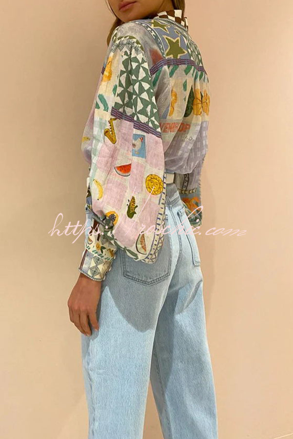 Fun and Nostalgic Unique Print Balloon Sleeve Button Loose Shirt