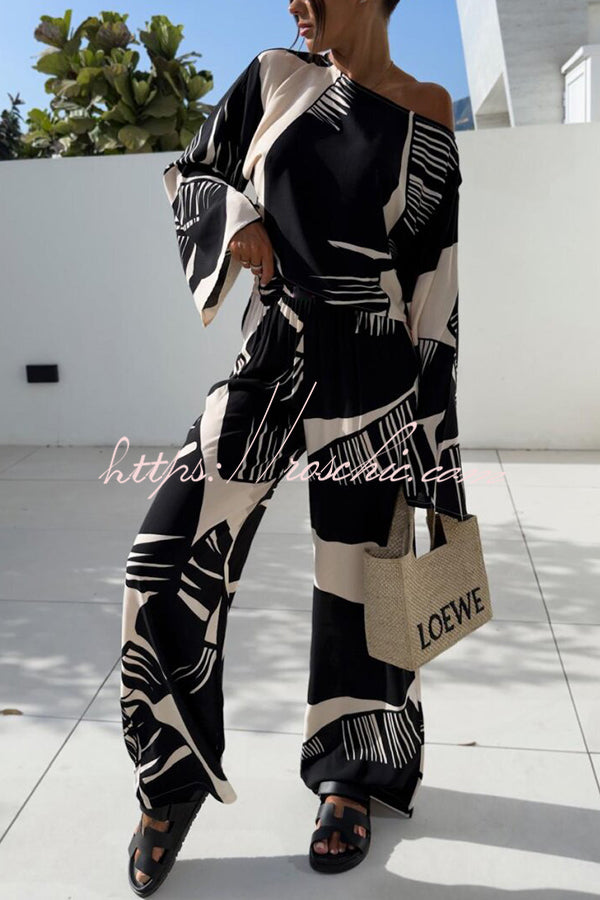 Sunlee Unique Print Wide Collar Long Sleeve Top and Elastic Waist Loose Pants Set
