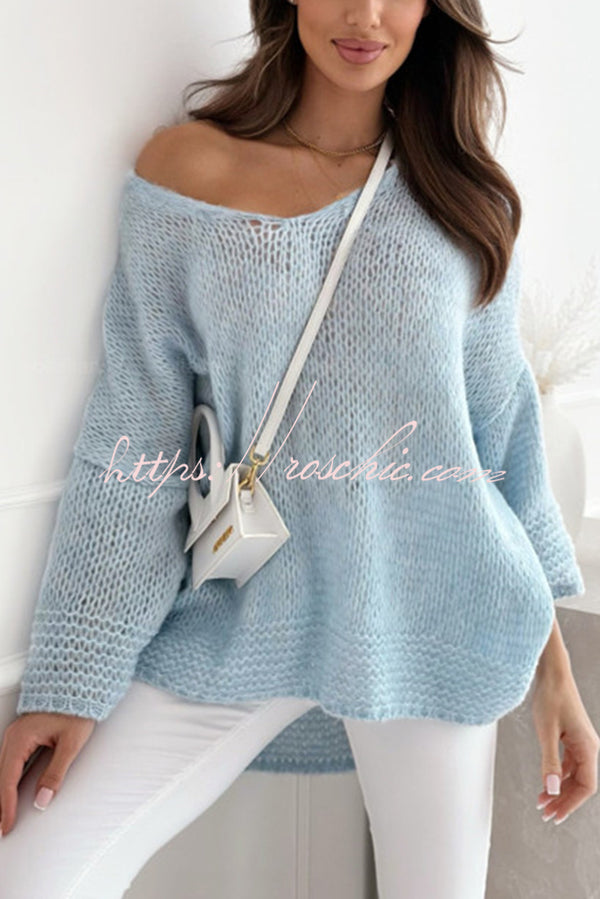 Solid Color Loose V-neck Casual Knitted Sweater