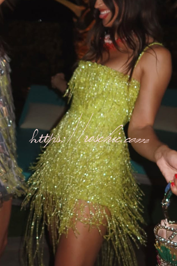 Sparkle Night Beaded Sequined Tassel Slip Midi Dress