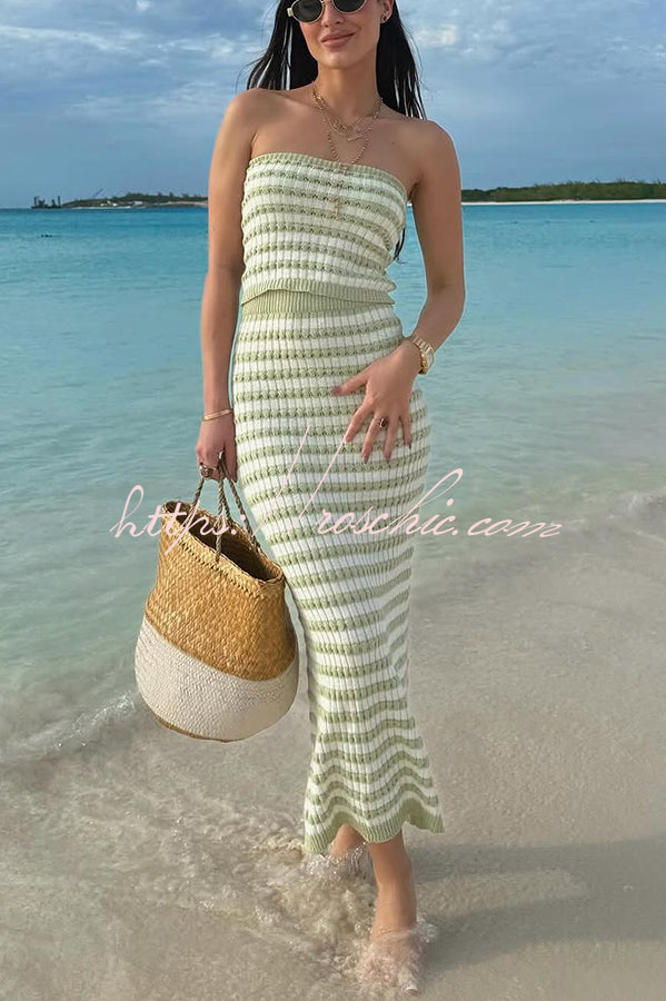 Bahamas Beach Knit Colorblock Stripes Bandeau Top and High Rise Stretch Maxi Skirt Set