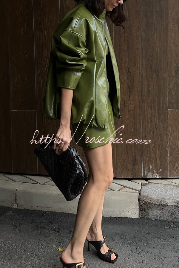 Solid Color Loose Long Sleeve Pocket Casual Leather Jacket