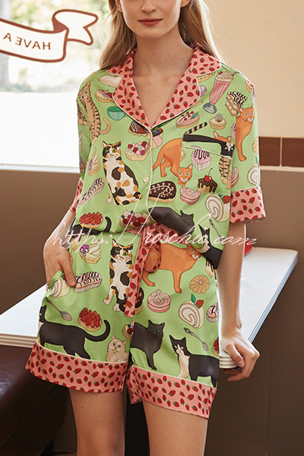 Coffee Cat Print Home Shorts Two-piece Set