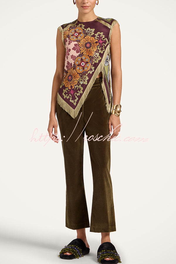 Stunning Floral Print Asymmetric Tassel Trim Scarf Top