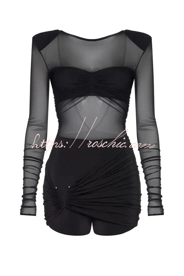 Sexy Mesh See-through Long-sleeved Backless Pleated Rompers