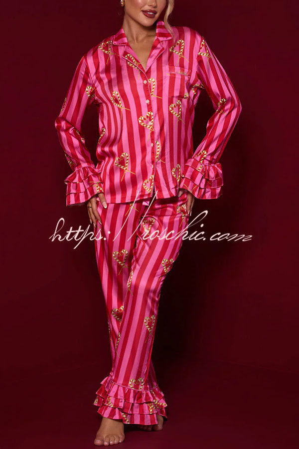 Festive Season Long Candy Stripe Tiered Bell Cuffs Elastic Waist Pocketed Pajama Set