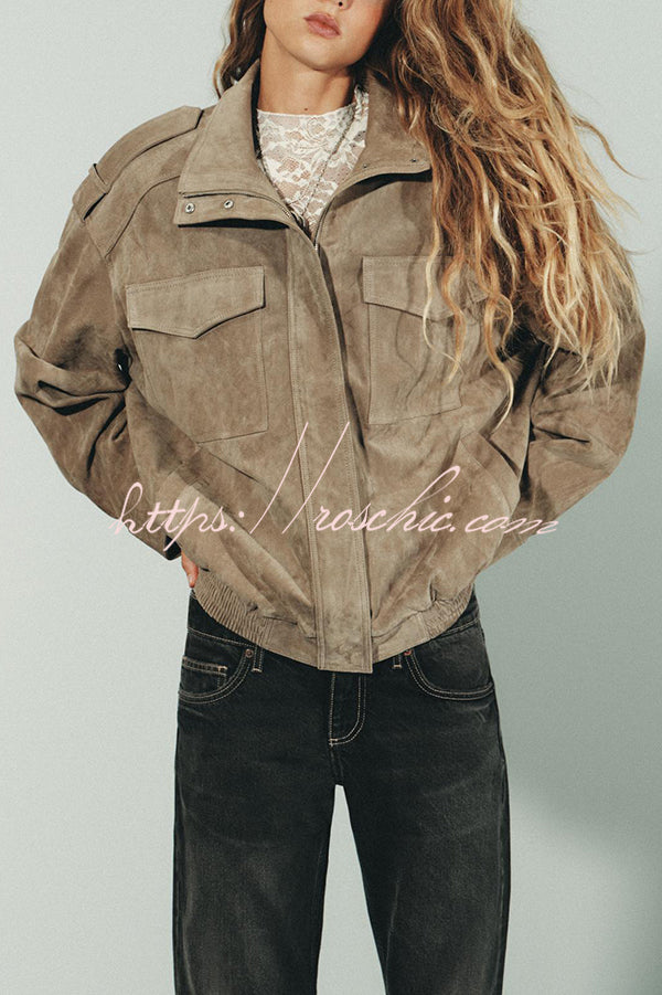 Fashionable Suede Loose Pocket Leather Jacket