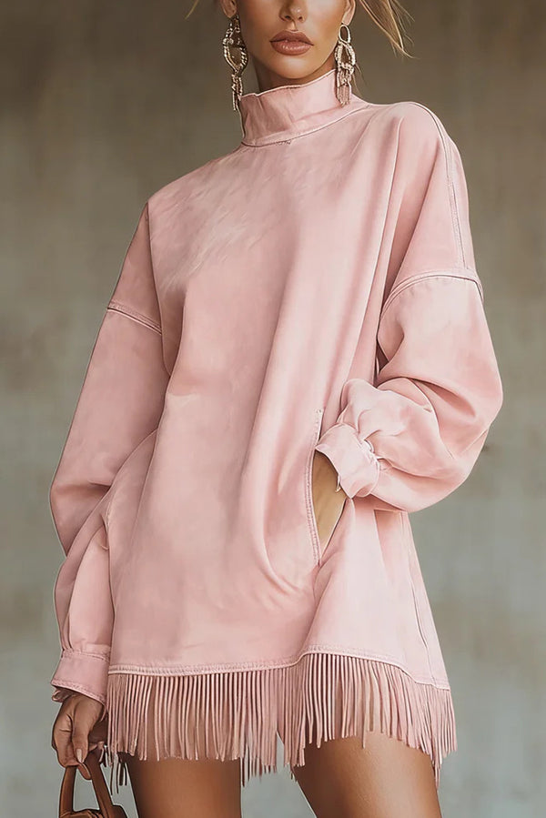 Stylish Suede High-neck Long-sleeved Loose-fitting Pockets Tassel Mini Dress (Shipped Within 24 Hours)