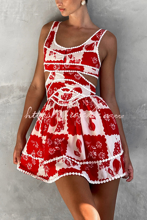 Holiday Colors Ric Rac Trims Unique Print Cutout Round Neck Mini Dress