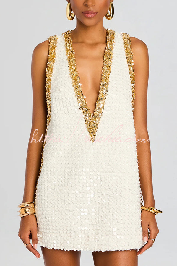 Cocktail Charm Sequin Colorblock Trim V-neck Sleeveless A-line Mini Dress (Shipped Within 24 Hours)
