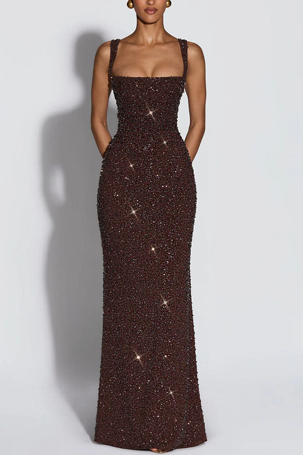 Calanthe Sequin Embellished Chiffon Ruched Square Neck Back Lace-up M   roschic