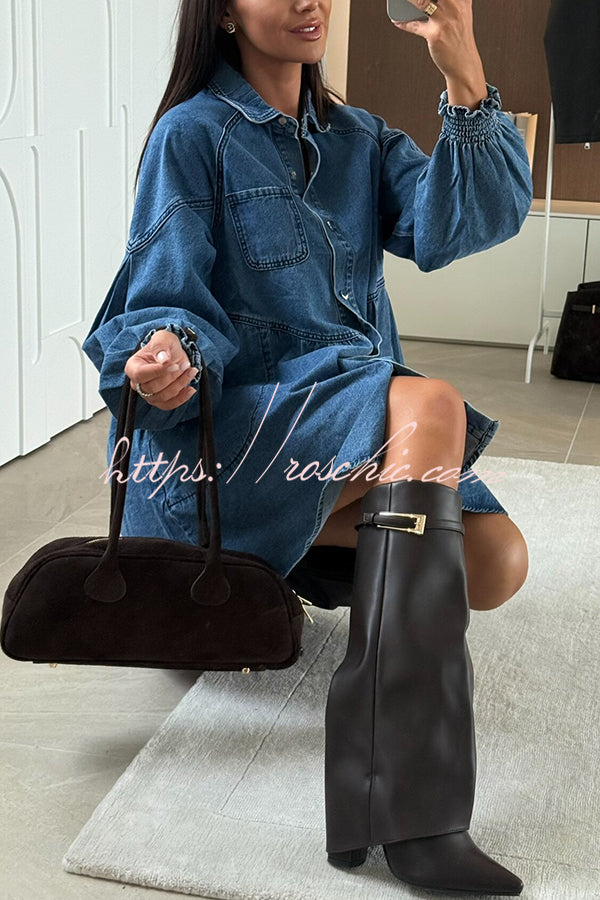 Fashion Heart Button Long Sleeve Casual Pocket Denim Mini Dress