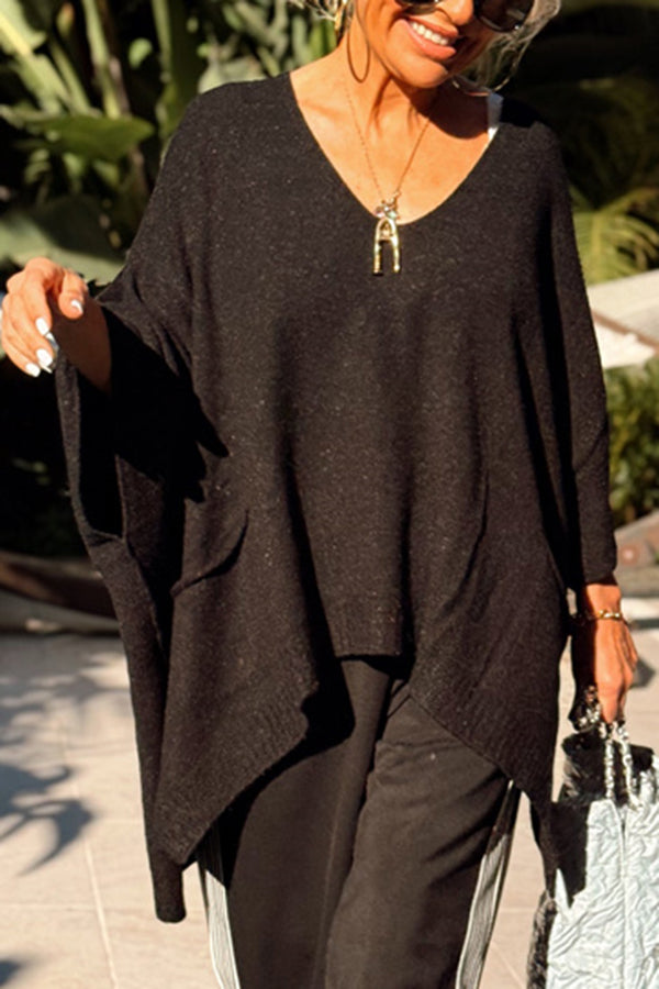 Fashion V-neck Loose Pocket Mid-length Knitted Sweater