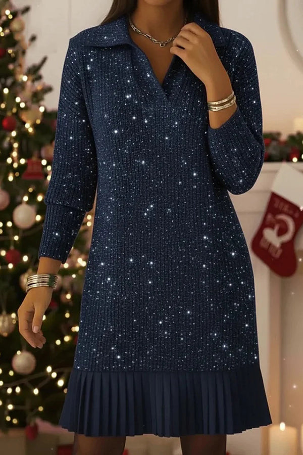 Solid Color Collared Long-sleeved Casual Pleated Knit Mini Dress roschic Solid Color Collared Long-sleeved Casual Pleated Knit Mini Dress roschic