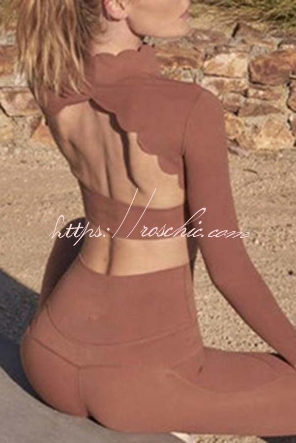 Open Back Petal Trim Long Sleeve Yoga Sports Crop Top