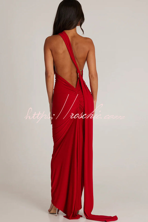 Sexy Backless Pleated Slim Solid Color Sleeveless Elegant Maxi Dress